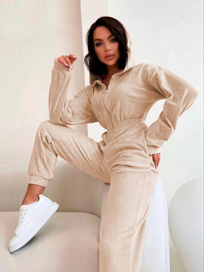 Damen Fleece-Jumpsuit Weich Hohler Kragen Tailliert Eveloria