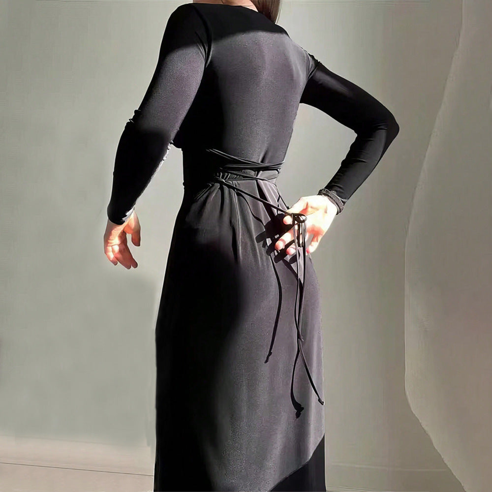 Eveloria Damen Midi-Kleid V-Ausschnitt Langer Arm Elegant