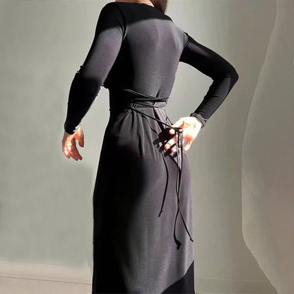 Eveloria Damen Midi-Kleid V-Ausschnitt Langer Arm Elegant
