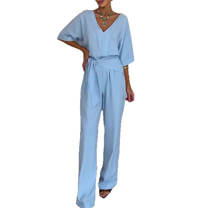 Damen Jumpsuit Tailliert Wickelgürtel Eveloria