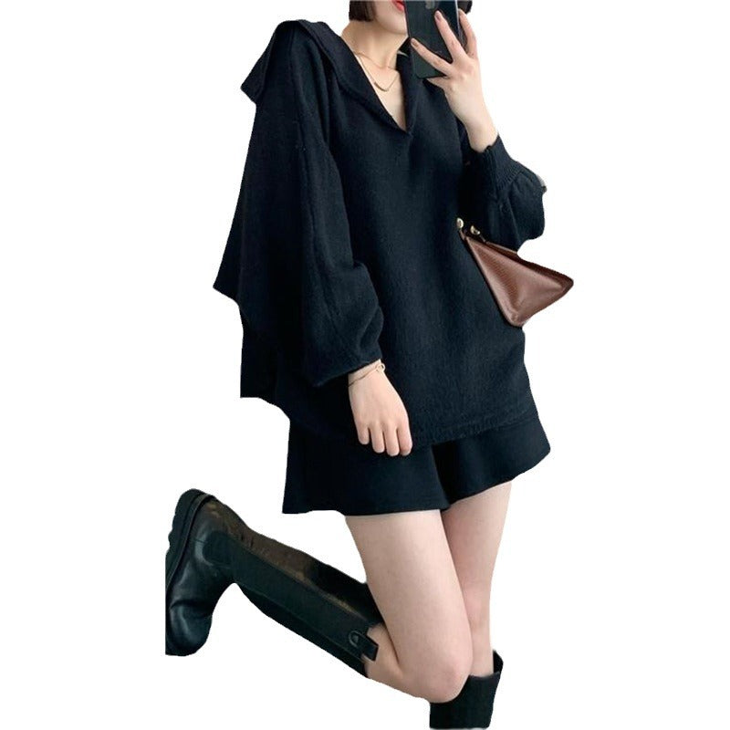 Damen Strickpullover Oversized V-Ausschnitt Kapuze Eveloria