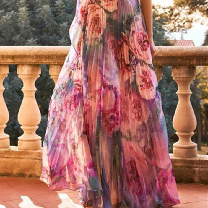 Damen Schulterfreies Maxikleid Floralmuster Faltenrock