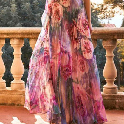 Damen Schulterfreies Maxikleid Floralmuster Faltenrock