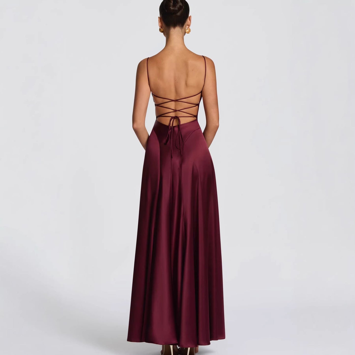 Damen Maxikleid Satin Spaghetti-Träger Eleganz