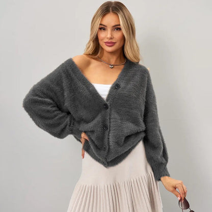Damen Strickjacke Flauschig V-Ausschnitt Knöpfe