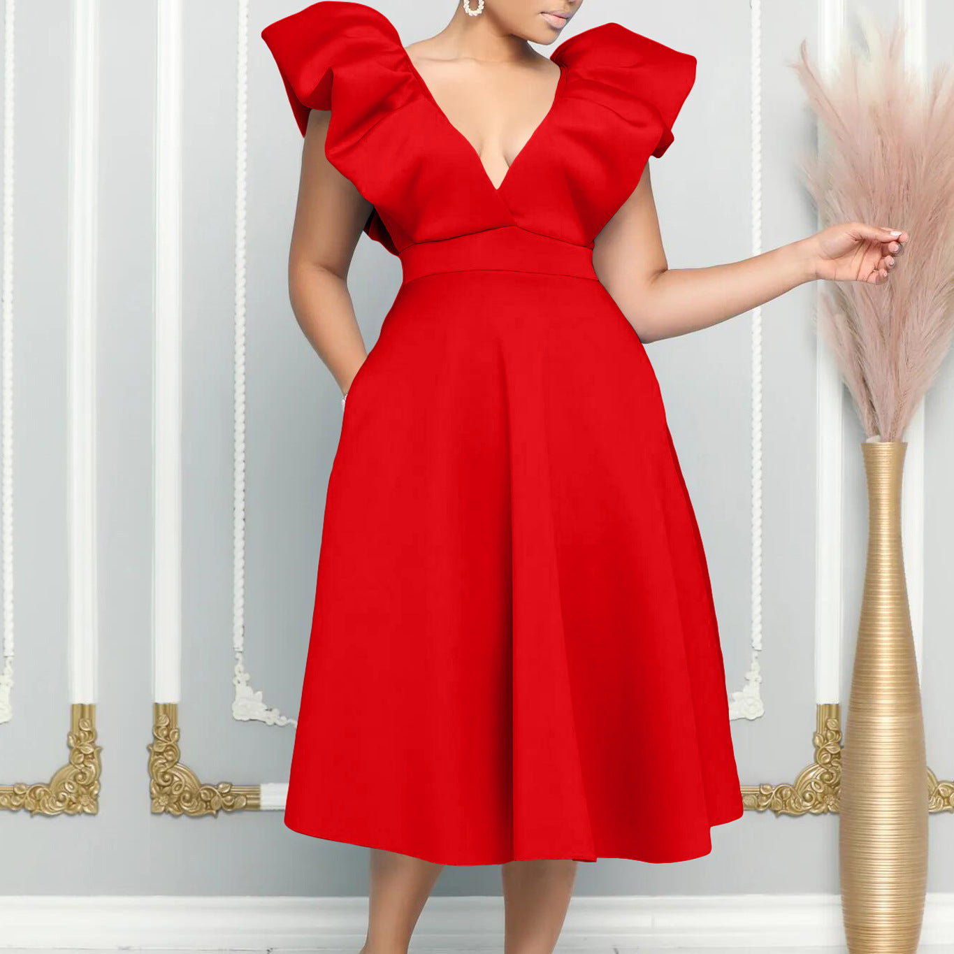 Damen Swing-Kleid Asymmetrischer Ausschnitt Rüschendetails