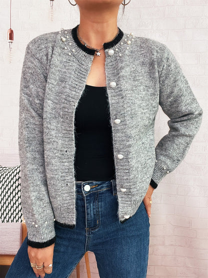 Damen Strickjacke Edel mit Perlenverzierungen und Knöpfen