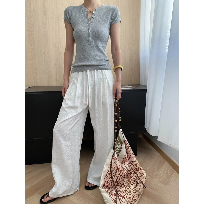 Damen Leinenhose Bequem Weit Schnitt Beige