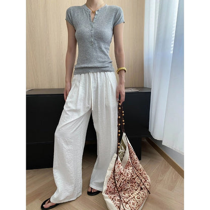 Damen Leinenhose Bequem Weit Schnitt Beige