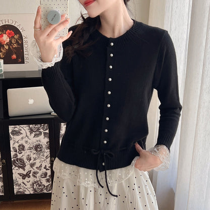 Damen Strickjacke Rüschendetails Perlenknöpfe Eveloria