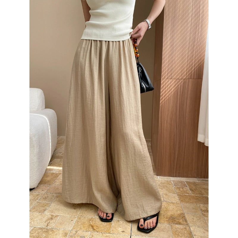 Damen Weite Hose Elastischer Bund Seitentaschen Beige - Eveloria