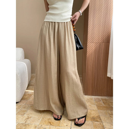 Damen Weite Hose Elastischer Bund Seitentaschen Beige - Eveloria
