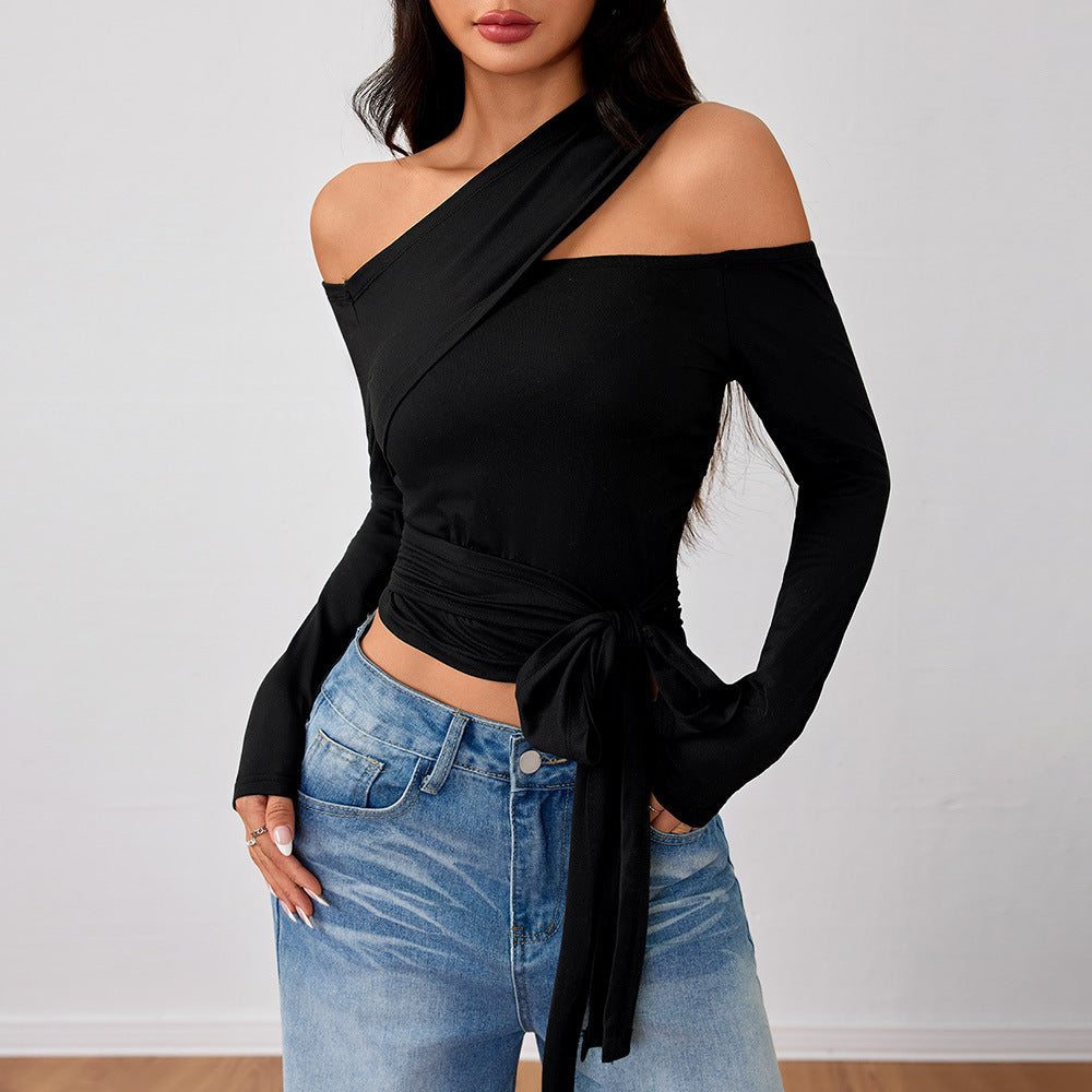Damen Wickeltop Asymmetrisch mit Raffung Schwarz - Eveloria