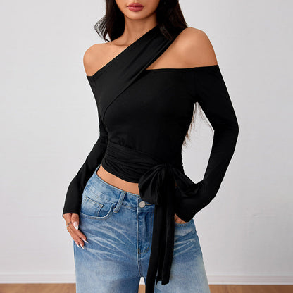Damen Wickeltop Asymmetrisch mit Raffung Schwarz - Eveloria