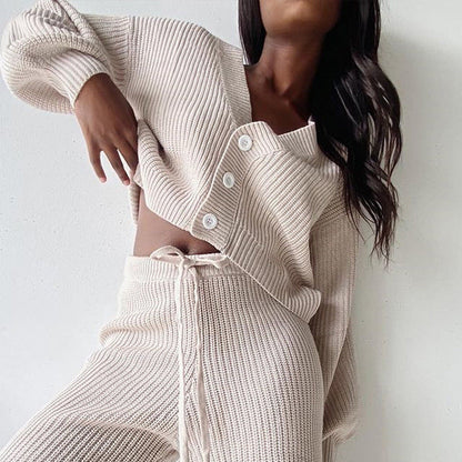 Damen Strick-Loungewear-Set mit Knöpfen und verstellbarem Bund