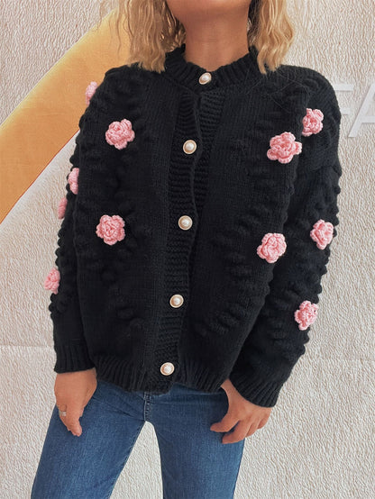 Damen Strickjacke Floralmuster Perlenknöpfe Beige