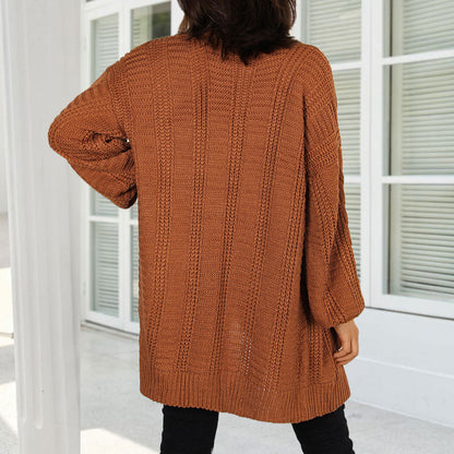 Damen Grobstrick-Cardigan Weite Ärmel Elegante Knöpfe Beige
