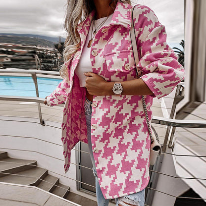 Damen Oversized Jacke Hahnentrittmuster Praktische Taschen