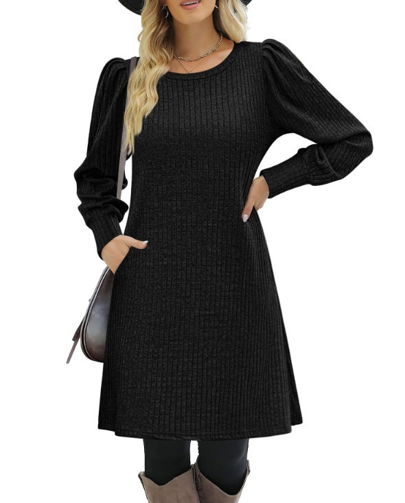 Damen Pulloverkleid Rippstrick Puffärmel Elegant