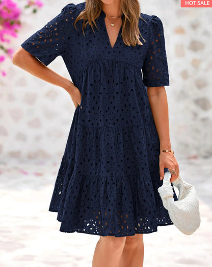 Damen Sommerkleid Luftiges Lochmuster Weiß