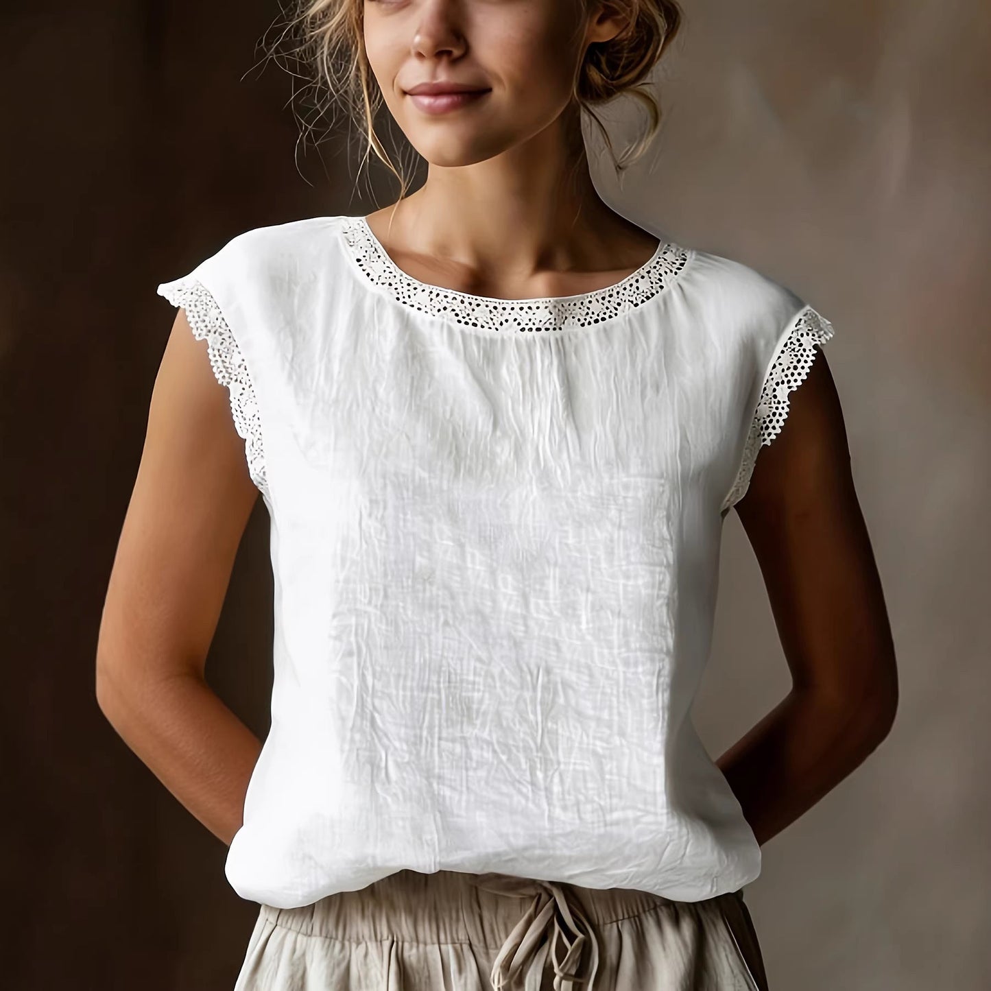 Damen Bluse Spitze Lässig Weiß