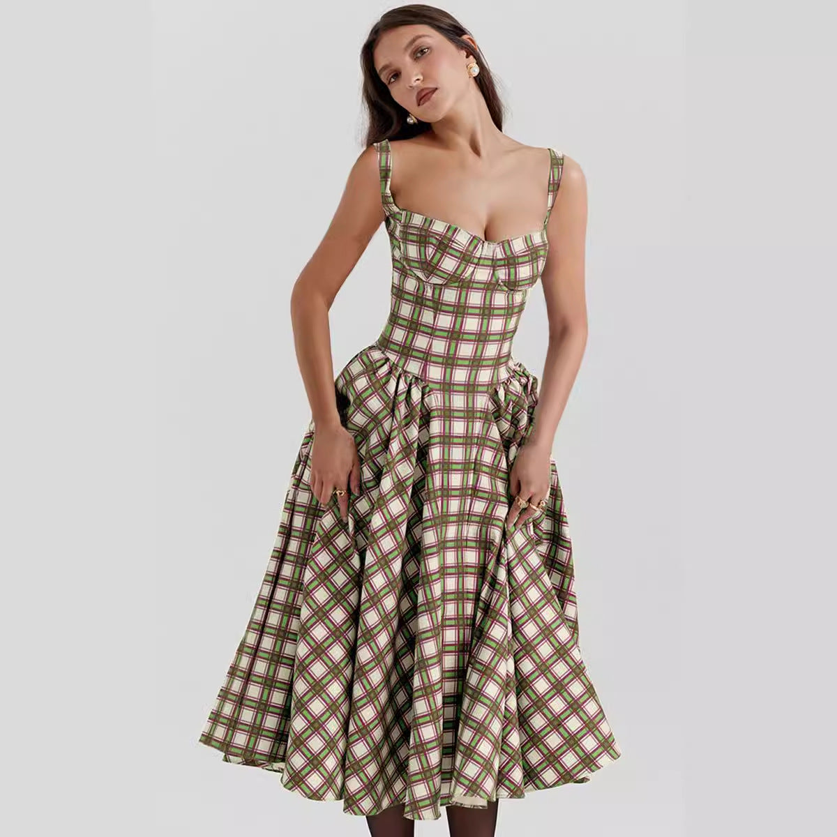 Damen Midikleid Kariert Tiefes Dekolleté Eveloria