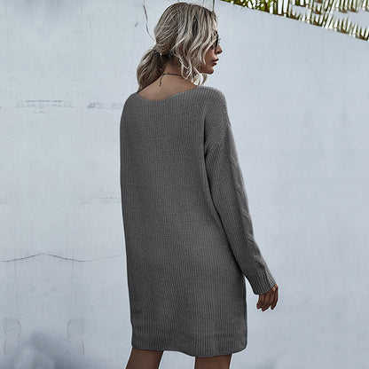 Damen Strickkleid V-Ausschnitt Knöpfe Eveloria