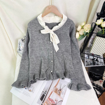 Damen Strickjacke Rüschen Schleifenkragen Elegante Eveloria