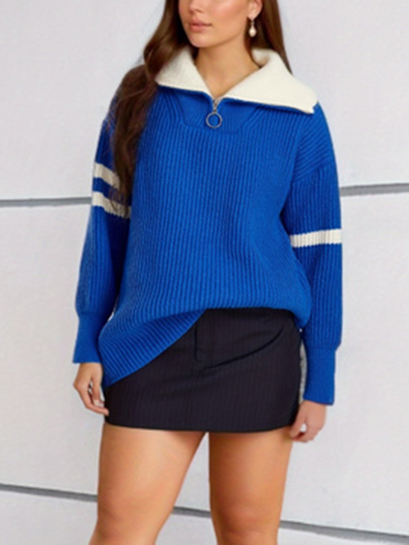 Damen Strickpullover Stehkragen Dekorative Streifen Eveloria