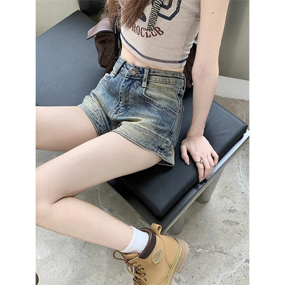 Damen High-Waist Jeans-Shorts mit Fransen