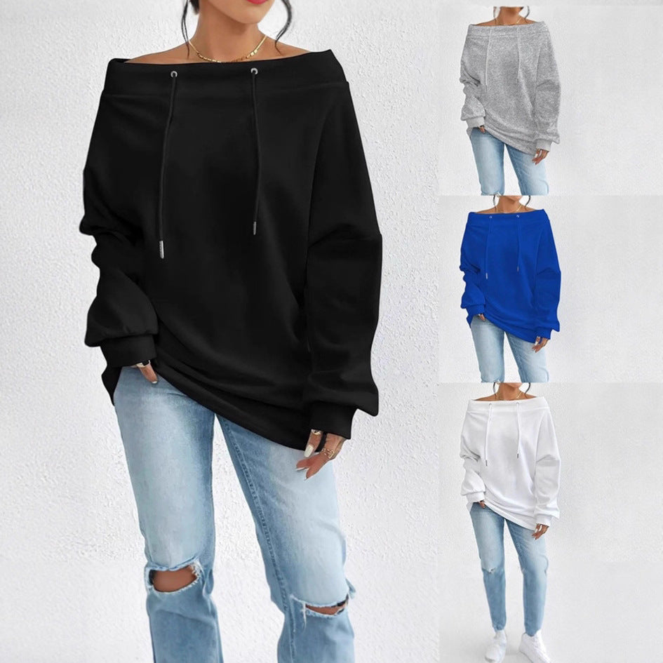 Damen Oversized Pullover Offener Kragen Kordelzüge Beige - Eveloria