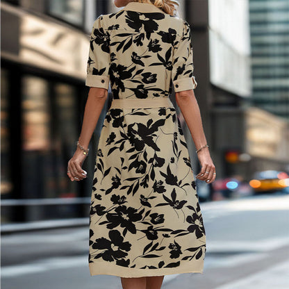 Damen Midikleid Floralmuster Taillierbarer Gürtel Eveloria