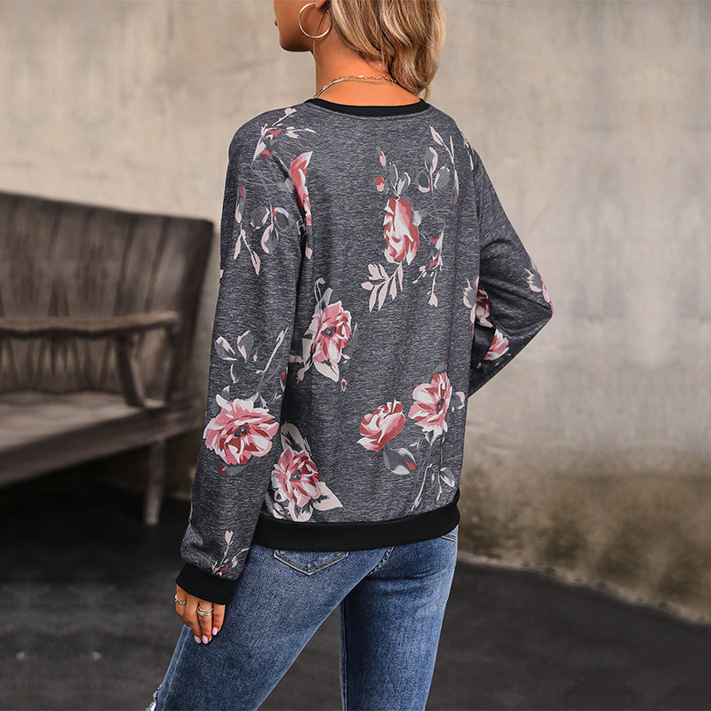 Damen Sweatshirt Blumenmuster Knopfdetails Eveloria