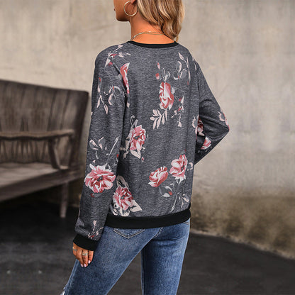 Damen Sweatshirt Blumenmuster Knopfdetails Eveloria