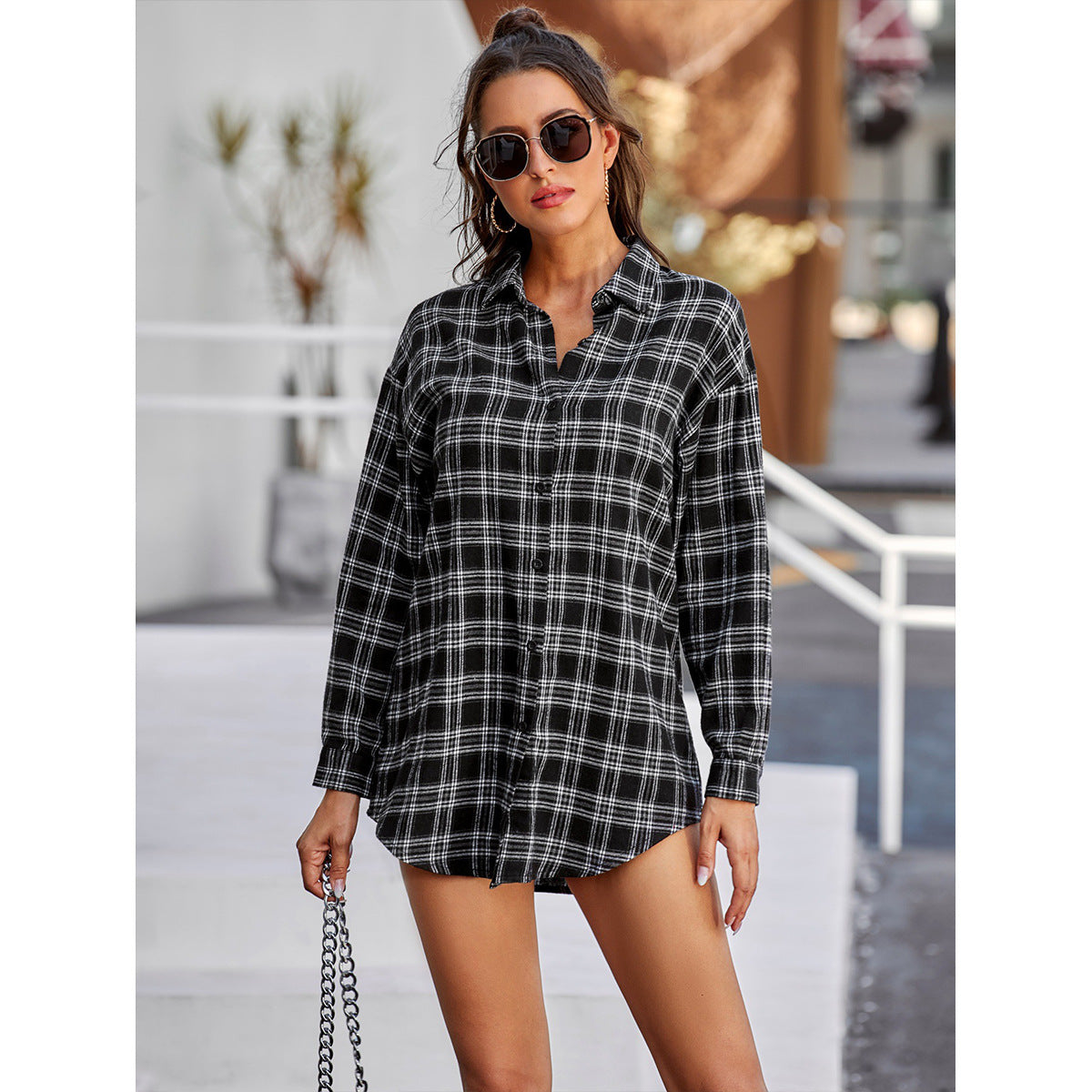 Damen Langarmhemd Karomuster Knopfdetails Blau - Eveloria