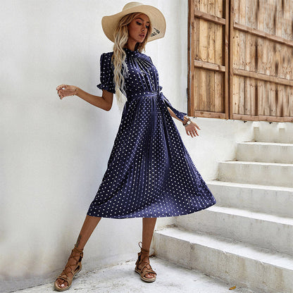 Damen Midikleid Sommerlich Puffärmel Taillengürtel Eveloria