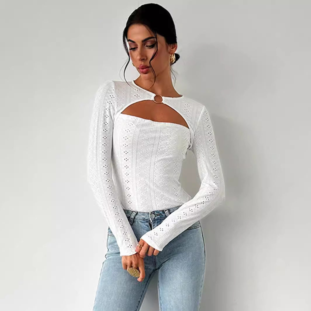 Damen Langarmshirt Baumwolle Dekorativ Cut-Out-Details Weiss - Eveloria