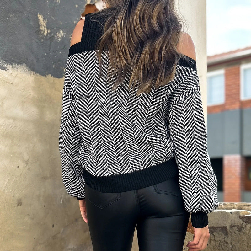 Damen Pullover Zickzackmuster Schulterauschnitt Eveloria