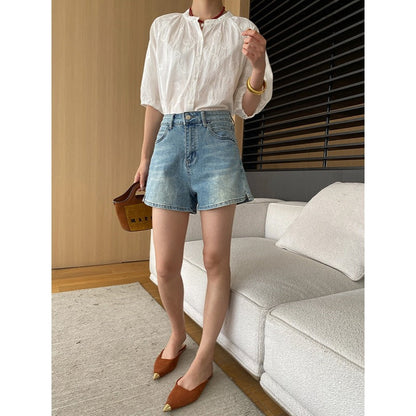 Damen Denim-Shorts Hochbund Weites Bein Blau Eveloria