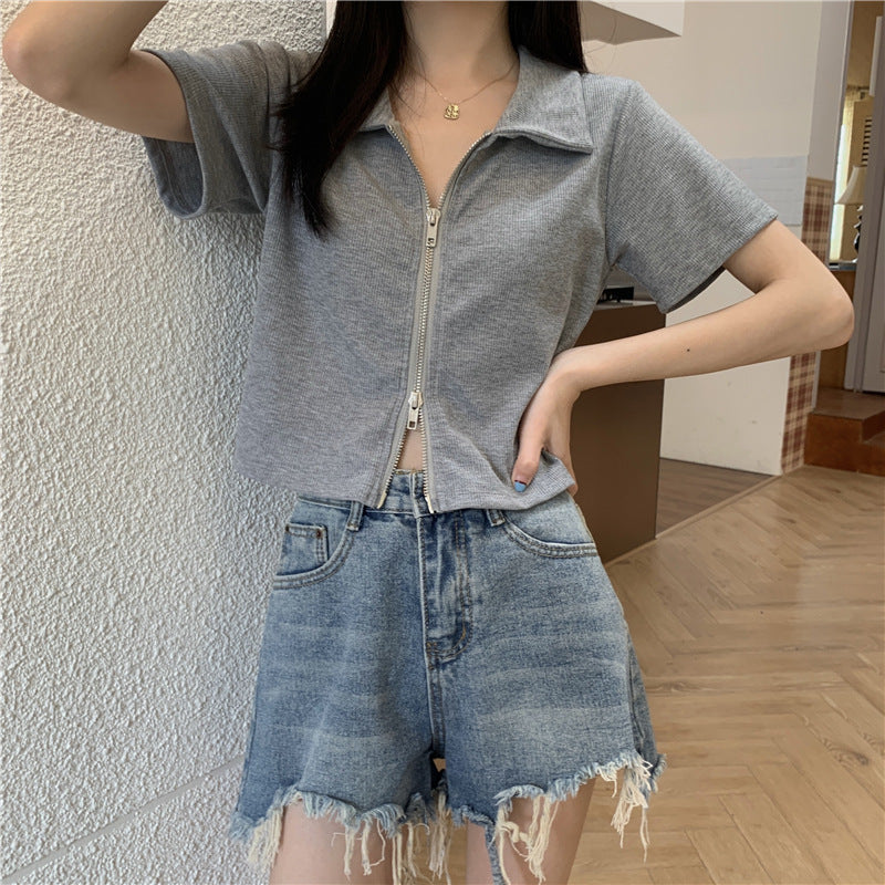 Damen Poloshirt Cropped Reißverschluss Strukturierter Stoff Eveloria