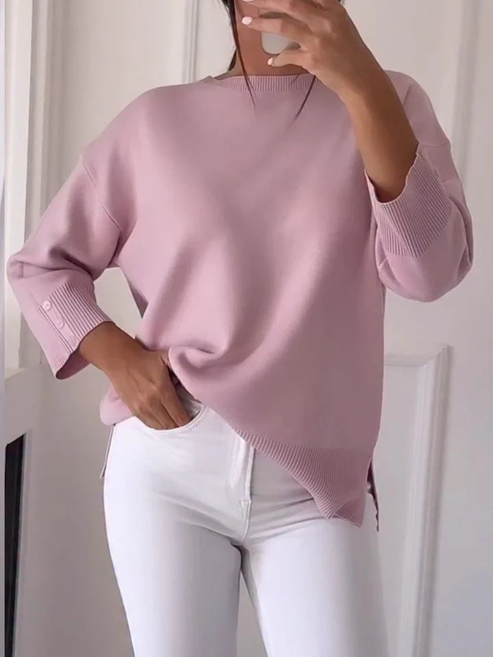 Damen Oversized Pullover Asymmetrisch Knopfdetails Beige