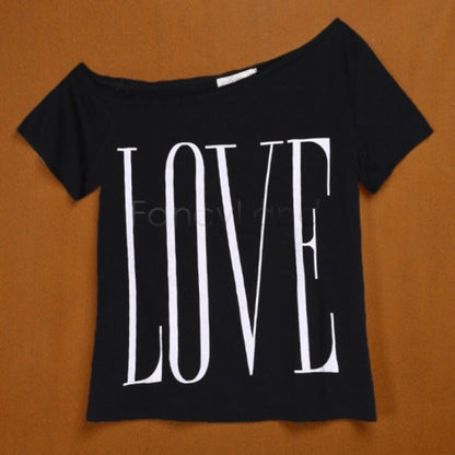 Damen Off-Shoulder T-Shirt mit Schriftzug Groß Eveloria