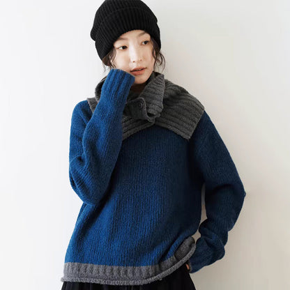 Damen Pullover Grobgestrickt Asymmetrischer Kragen Beige - Eveloria