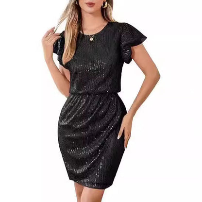Damen Cocktailkleid Pailletten Voluminöse Rüschenärmel Eveloria