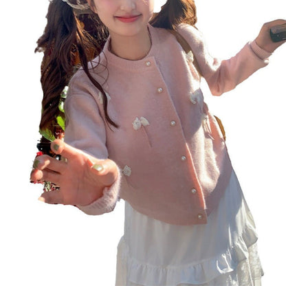 Damen Strickjacke Kawaii mit Schleifen und Perlen