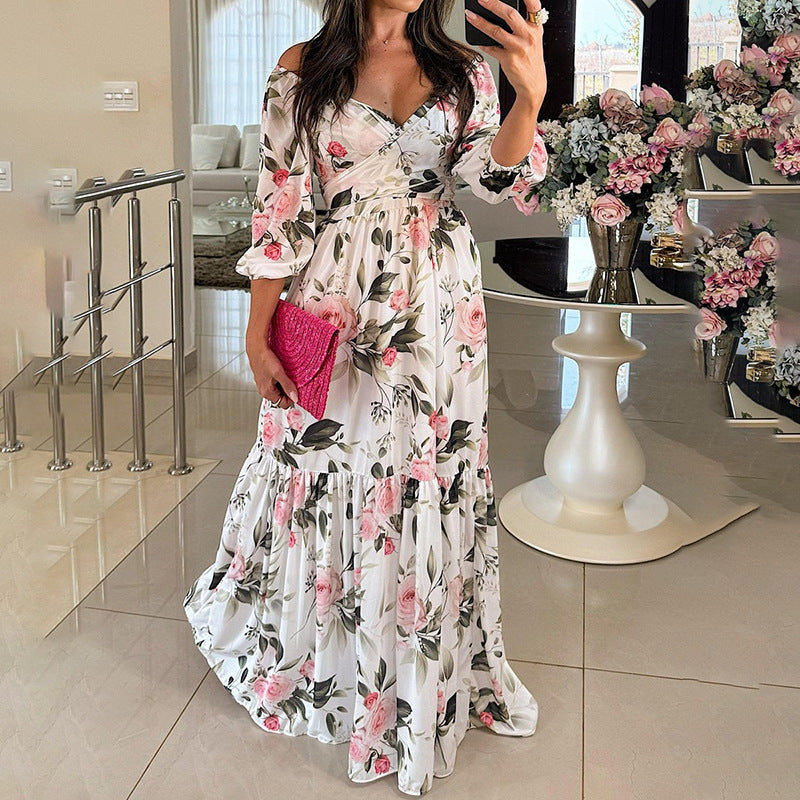 Damen Maxikleid Schulterfrei Rüschensaum Floral