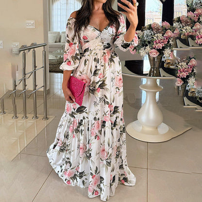 Damen Maxikleid Schulterfrei Rüschensaum Floral