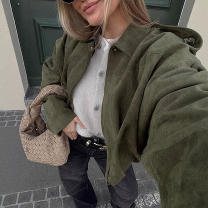 Damen Oversized Jacke Wildlederimitat Weich Eveloria