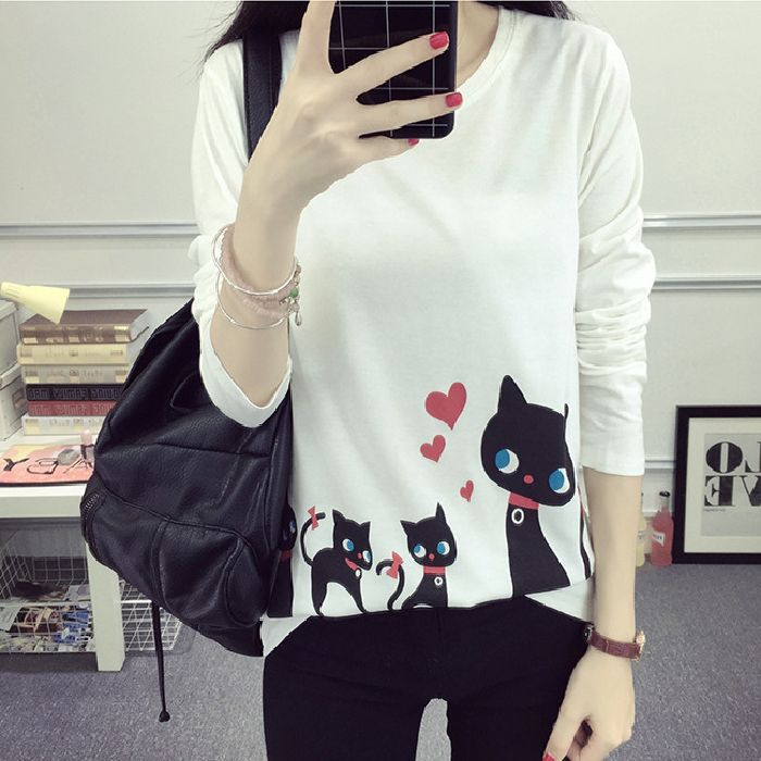 Damen Langarm-Shirt Katzenmotiv Eveloria