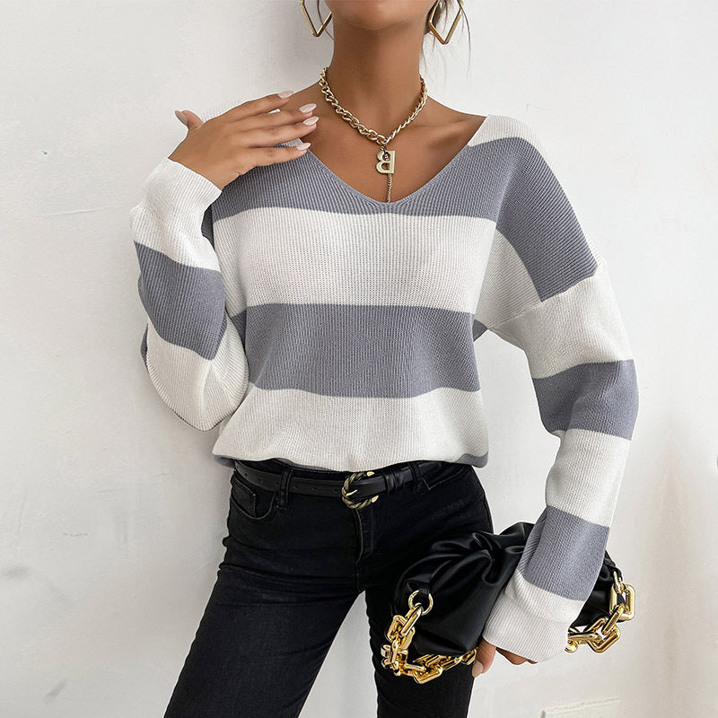 Damen Strickpullover V-Ausschnitt Blockstreifen Eveloria